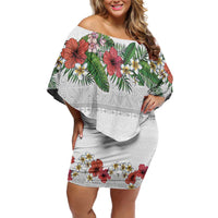 Hawaiian Tropical Flowers and Tribal Polynesian Tattoo Family Matching Off Shoulder Short Dress and Hawaiian Shirt White Color LT03 Mom's Dress White - Polynesian Pride