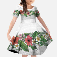 Hawaiian Tropical Flowers and Tribal Polynesian Tattoo Family Matching Puletasi and Hawaiian Shirt White Color LT03 Daughter's Dress White - Polynesian Pride