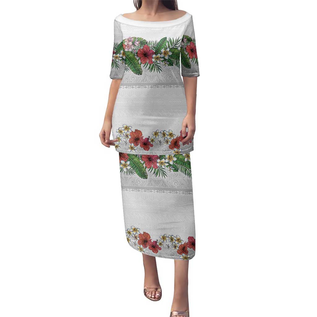 Hawaiian Tropical Flowers and Tribal Polynesian Tattoo Family Matching Puletasi and Hawaiian Shirt White Color LT03 Mom's Dress White - Polynesian Pride