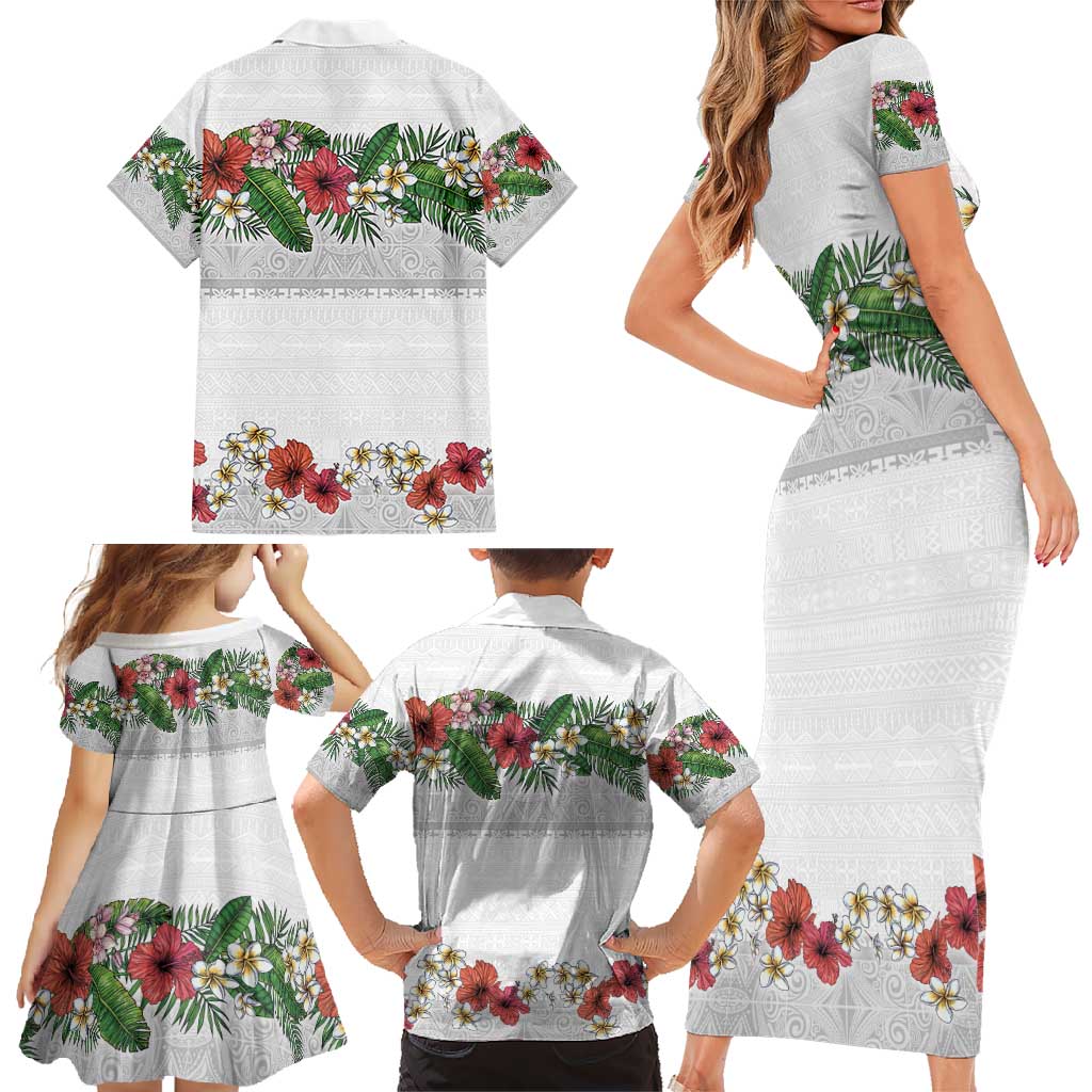 Hawaiian Tropical Flowers and Tribal Polynesian Tattoo Family Matching Short Sleeve Bodycon Dress and Hawaiian Shirt White Color LT03 - Polynesian Pride
