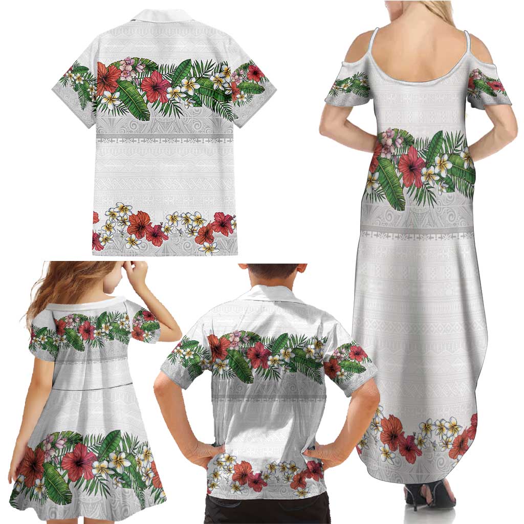 Hawaiian Tropical Flowers and Tribal Polynesian Tattoo Family Matching Summer Maxi Dress and Hawaiian Shirt White Color LT03 - Polynesian Pride