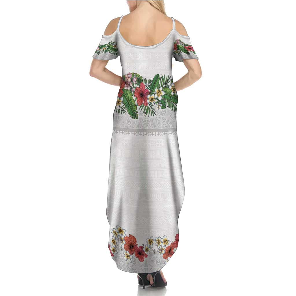 Hawaiian Tropical Flowers and Tribal Polynesian Tattoo Family Matching Summer Maxi Dress and Hawaiian Shirt White Color LT03 - Polynesian Pride