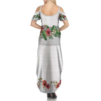 Hawaiian Tropical Flowers and Tribal Polynesian Tattoo Family Matching Summer Maxi Dress and Hawaiian Shirt White Color LT03 - Polynesian Pride