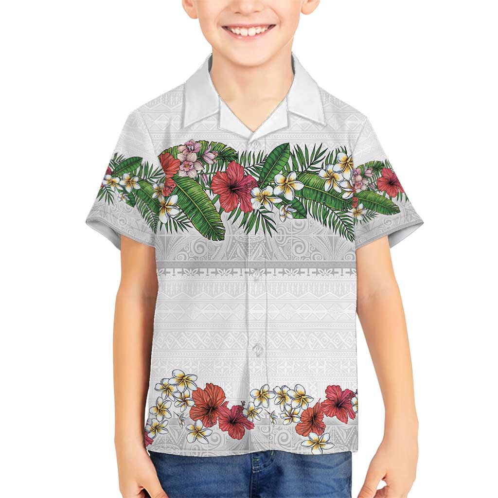 Hawaiian Tropical Flowers and Tribal Polynesian Tattoo Family Matching Summer Maxi Dress and Hawaiian Shirt White Color LT03 Son's Shirt White - Polynesian Pride