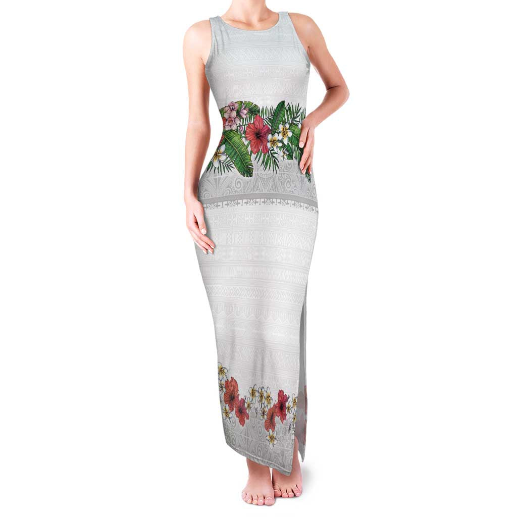 Hawaiian Tropical Flowers and Tribal Polynesian Tattoo Family Matching Tank Maxi Dress and Hawaiian Shirt White Color LT03 Mom's Dress White - Polynesian Pride
