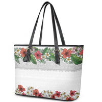 Hawaiian Tropical Flowers and Tribal Polynesian Tattoo Leather Tote Bag White Color
