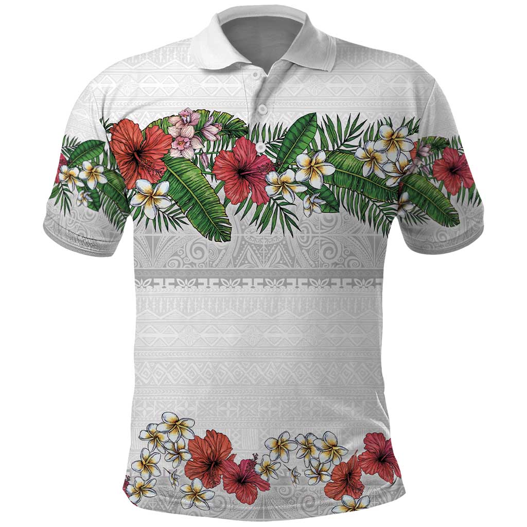 Hawaiian Tropical Flowers and Tribal Polynesian Tattoo Polo Shirt White Color LT03 White - Polynesian Pride