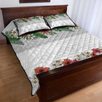 Hawaiian Tropical Flowers and Tribal Polynesian Tattoo Quilt Bed Set White Color