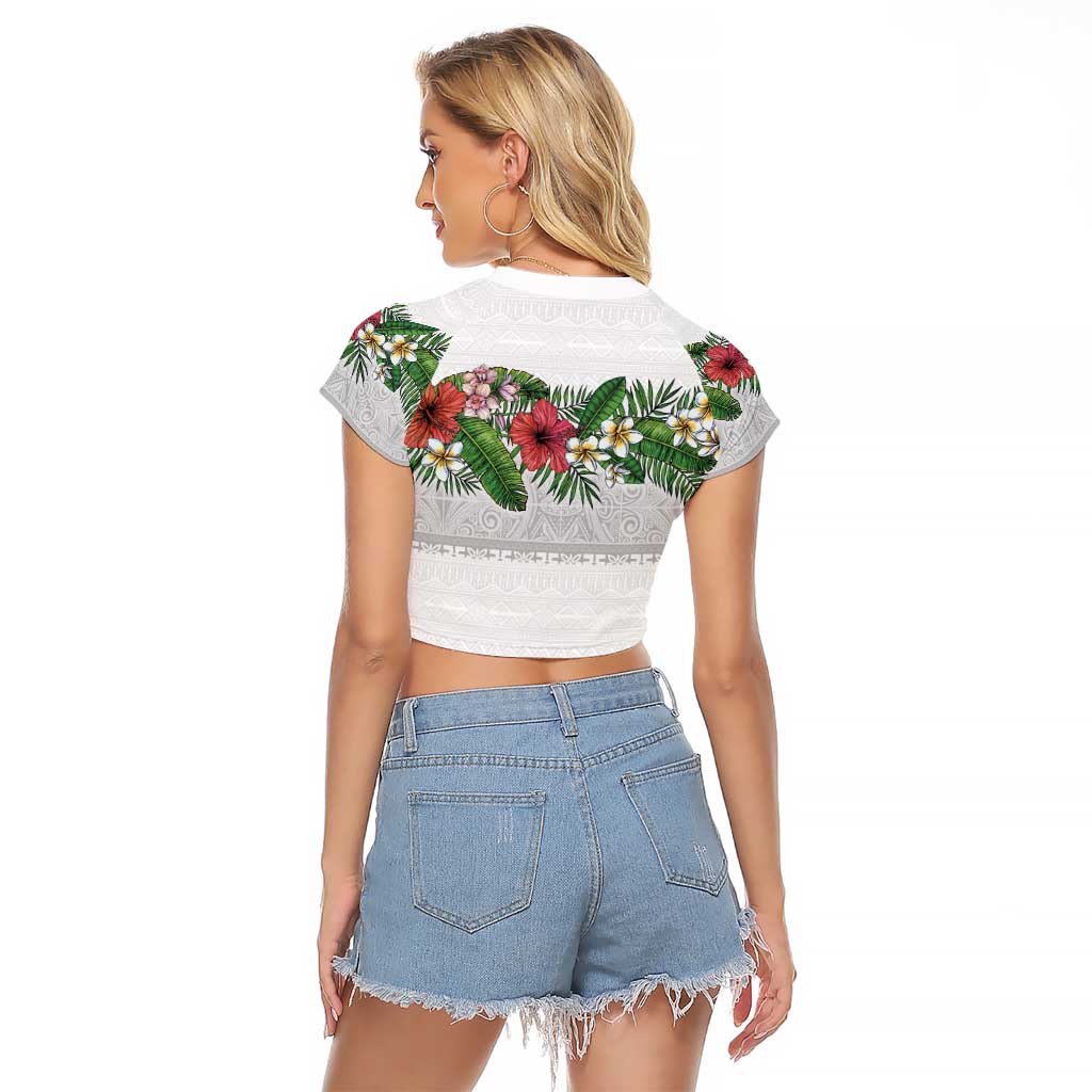 Hawaiian Tropical Flowers and Tribal Polynesian Tattoo Raglan Cropped T Shirt White Color
