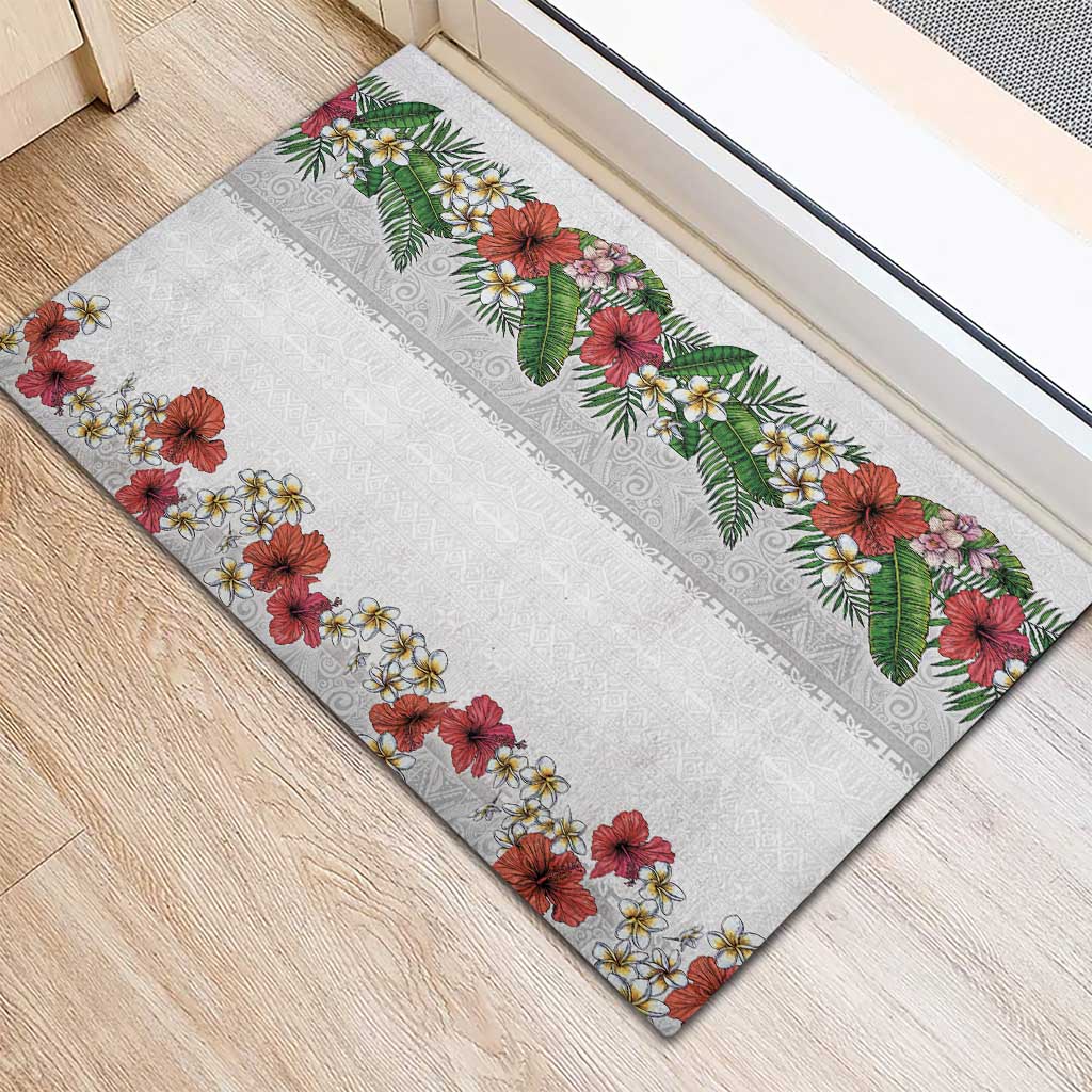 Hawaiian Tropical Flowers and Tribal Polynesian Tattoo Rubber Doormat White Color