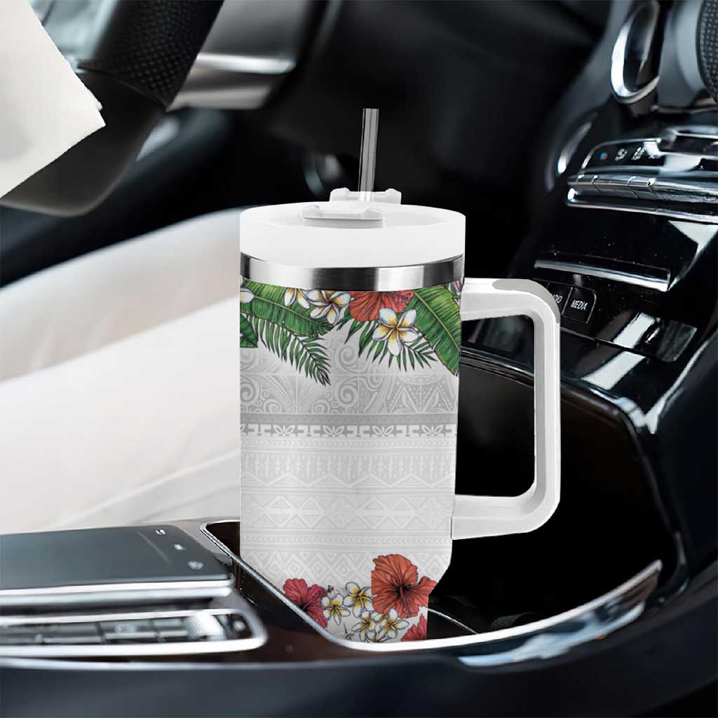 Hawaiian Tropical Flowers and Tribal Polynesian Tattoo Tumbler With Handle White Color
