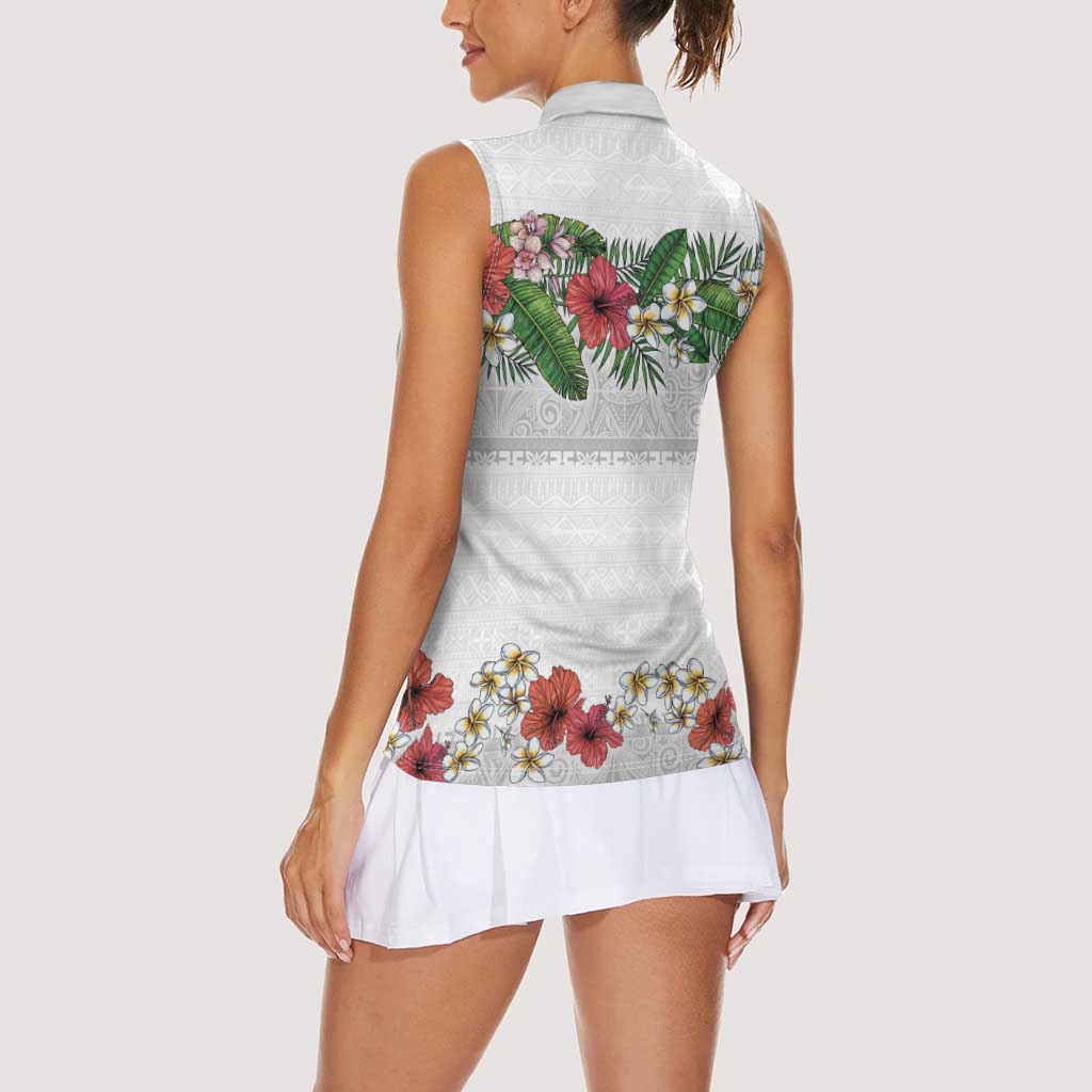 Hawaiian Tropical Flowers and Tribal Polynesian Tattoo Women Sleeveless Polo Shirt White Color