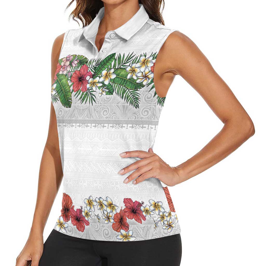 Hawaiian Tropical Flowers and Tribal Polynesian Tattoo Women Sleeveless Polo Shirt White Color