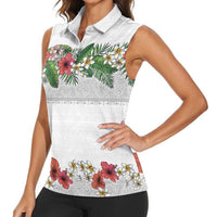 Hawaiian Tropical Flowers and Tribal Polynesian Tattoo Women Sleeveless Polo Shirt White Color