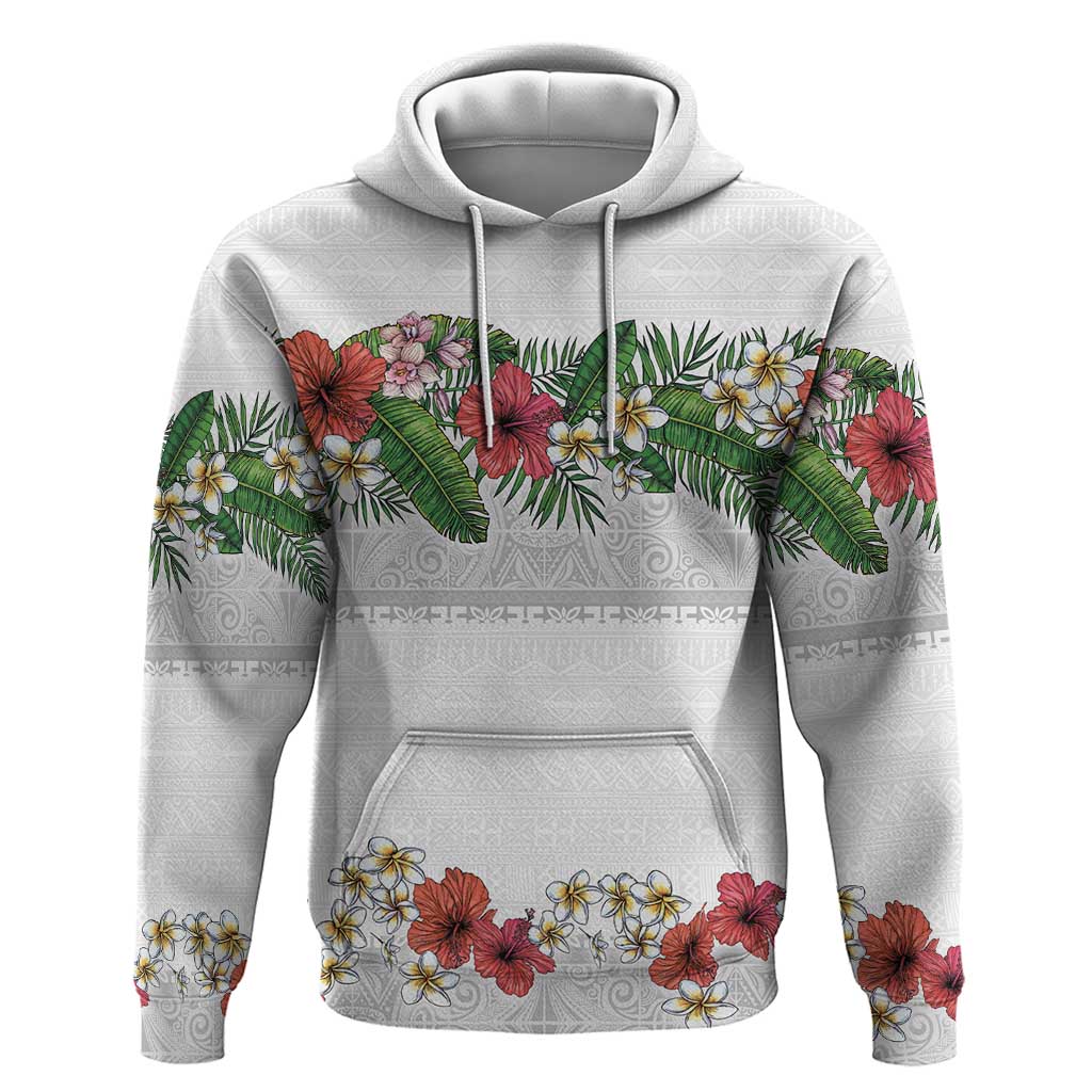 Hawaiian Tropical Flowers and Tribal Polynesian Tattoo Zip Hoodie White Color