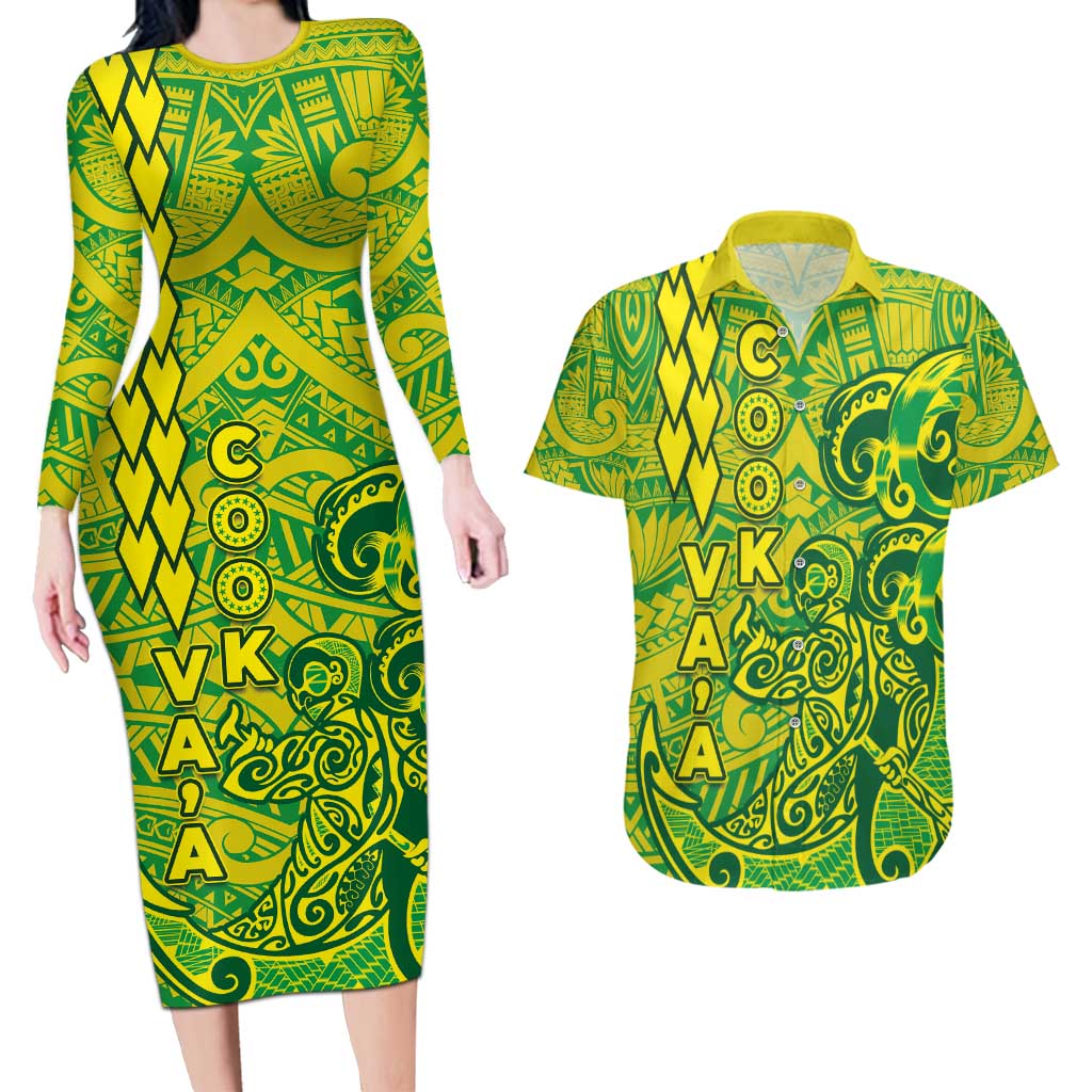 Cook Islands Va'a Polynesian Art Tattoo Couples Matching Long Sleeve Bodycon Dress and Hawaiian Shirt National Color LT03 Green - Yellow - Polynesian Pride