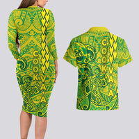 Cook Islands Va'a Polynesian Art Tattoo Couples Matching Long Sleeve Bodycon Dress and Hawaiian Shirt National Color LT03 - Polynesian Pride