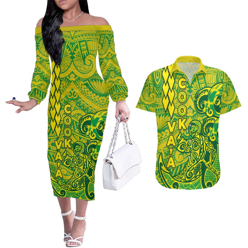 Cook Islands Va'a Polynesian Art Tattoo Couples Matching Off The Shoulder Long Sleeve Dress and Hawaiian Shirt National Color LT03 Green - Yellow - Polynesian Pride
