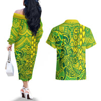 Cook Islands Va'a Polynesian Art Tattoo Couples Matching Off The Shoulder Long Sleeve Dress and Hawaiian Shirt National Color LT03 - Polynesian Pride