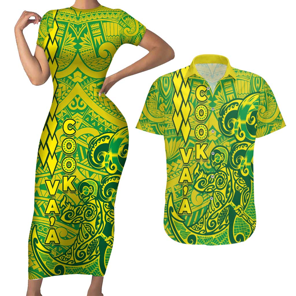 Cook Islands Va'a Polynesian Art Tattoo Couples Matching Short Sleeve Bodycon Dress and Hawaiian Shirt National Color LT03 Green - Yellow - Polynesian Pride
