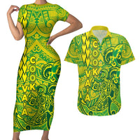 Cook Islands Va'a Polynesian Art Tattoo Couples Matching Short Sleeve Bodycon Dress and Hawaiian Shirt National Color LT03 Green - Yellow - Polynesian Pride