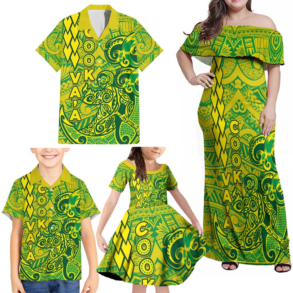Cook Islands Va'a Polynesian Art Tattoo Family Matching Off Shoulder Maxi Dress and Hawaiian Shirt National Color LT03 - Polynesian Pride