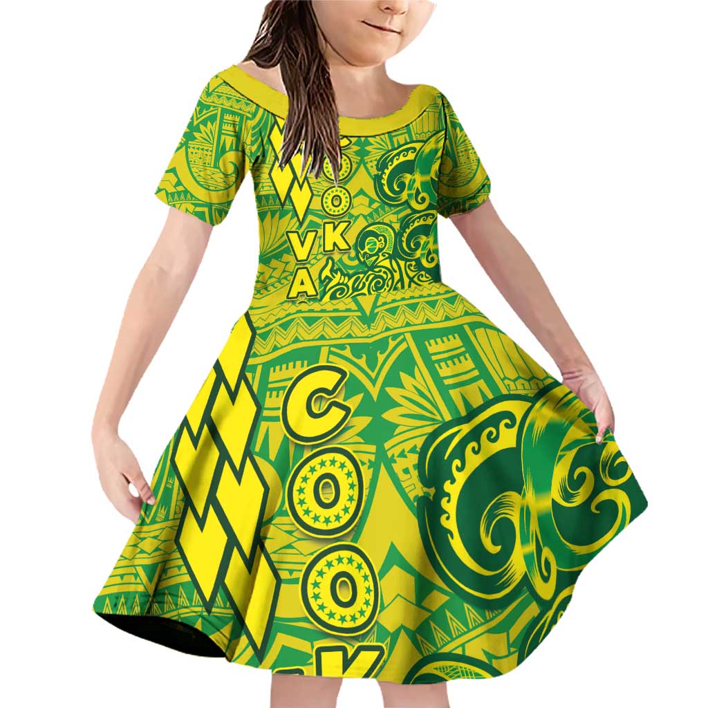 Cook Islands Va'a Polynesian Art Tattoo Family Matching Off Shoulder Short Dress and Hawaiian Shirt National Color LT03 Daughter's Dress Green - Yellow - Polynesian Pride