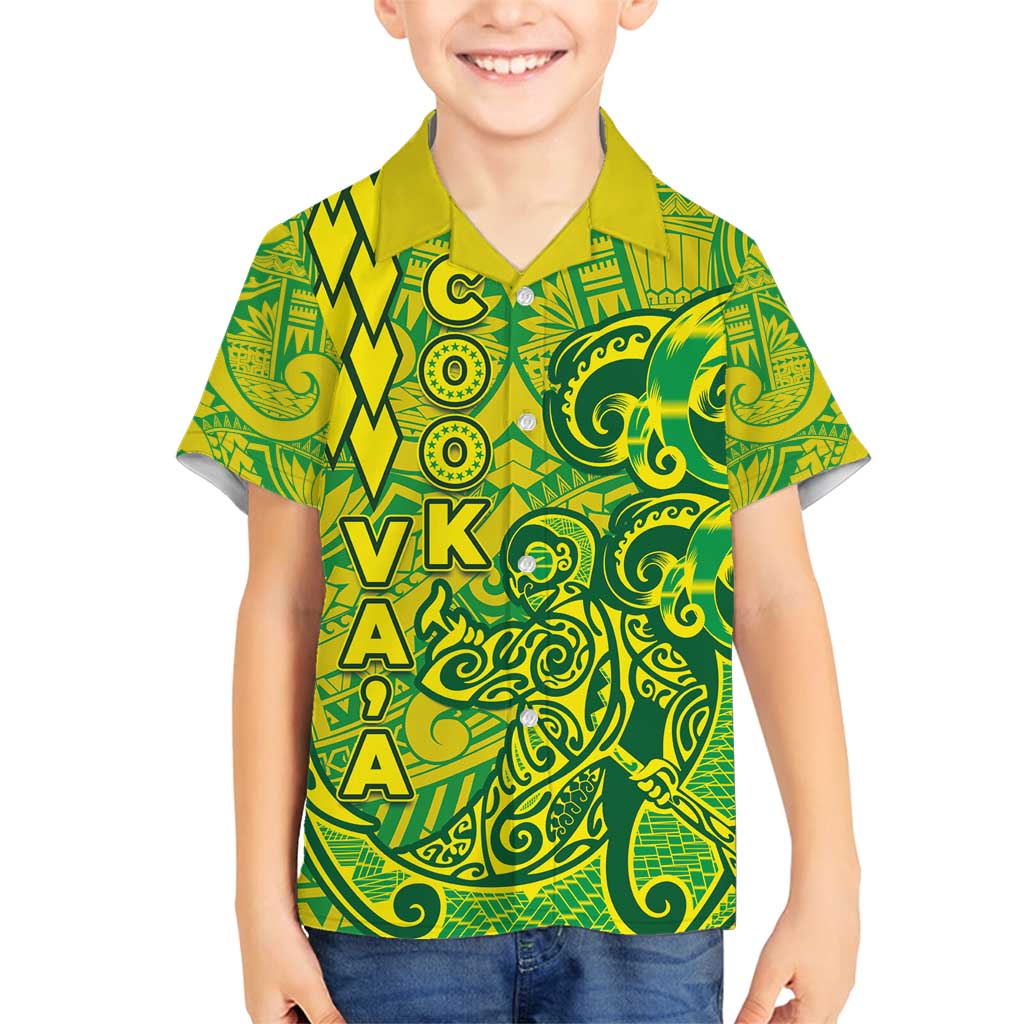 Cook Islands Va'a Polynesian Art Tattoo Family Matching Off Shoulder Short Dress and Hawaiian Shirt National Color LT03 Son's Shirt Green - Yellow - Polynesian Pride