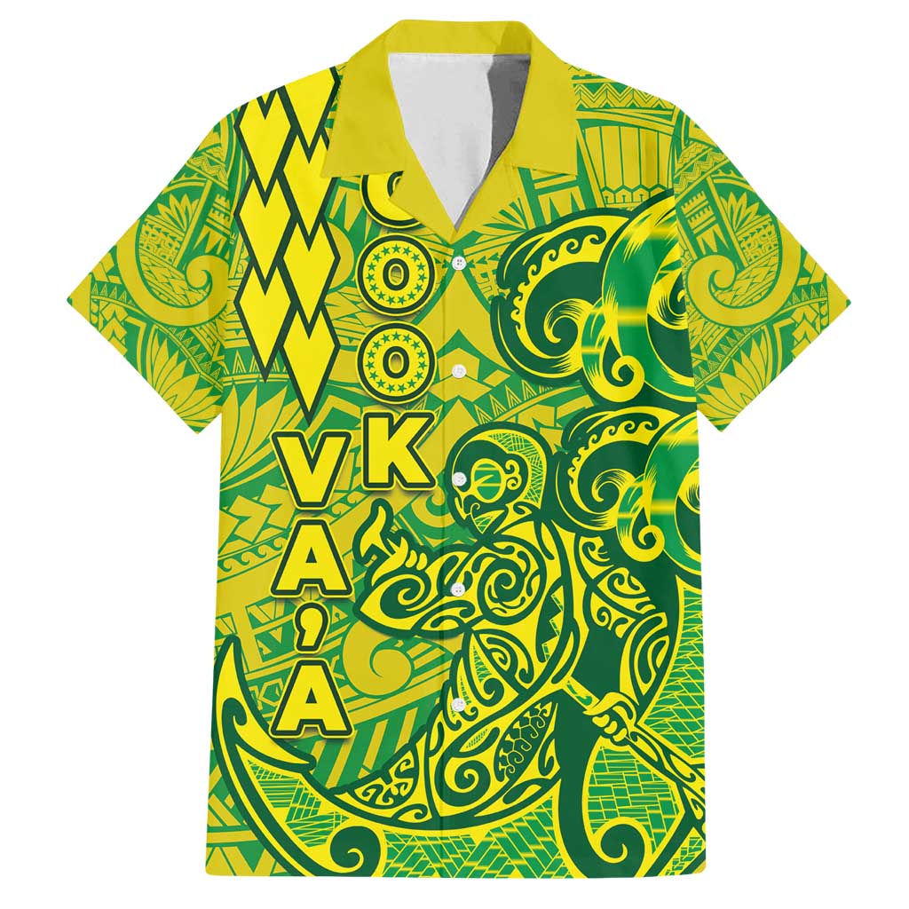 Cook Islands Va'a Polynesian Art Tattoo Family Matching Puletasi and Hawaiian Shirt National Color LT03 Dad's Shirt - Short Sleeve Green - Yellow - Polynesian Pride