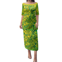 Cook Islands Va'a Polynesian Art Tattoo Family Matching Puletasi and Hawaiian Shirt National Color LT03 Mom's Dress Green - Yellow - Polynesian Pride