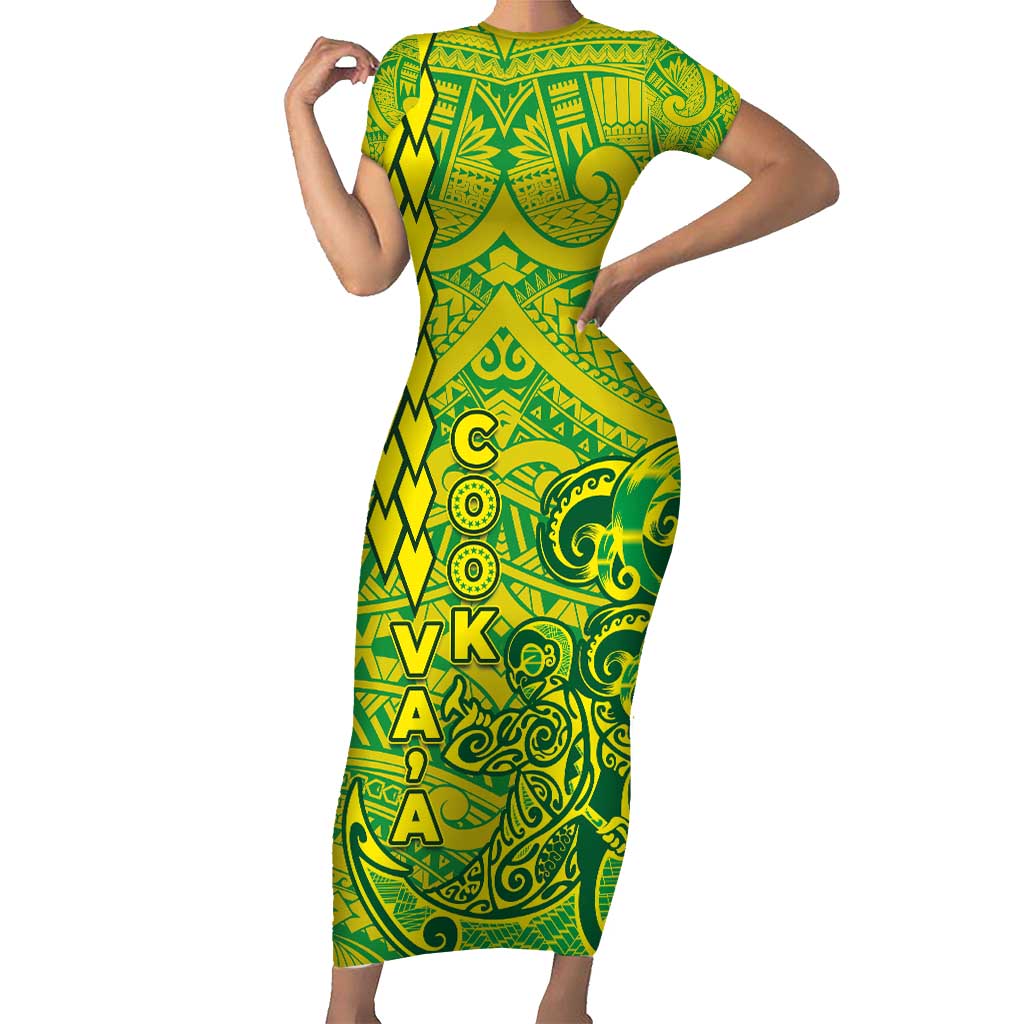 Cook Islands Va'a Polynesian Art Tattoo Family Matching Short Sleeve Bodycon Dress and Hawaiian Shirt National Color LT03 Mom's Dress Green - Yellow - Polynesian Pride