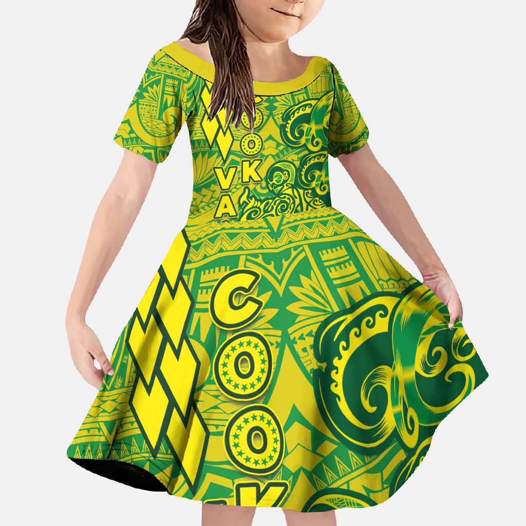 Cook Islands Va'a Polynesian Art Tattoo Family Matching Summer Maxi Dress and Hawaiian Shirt National Color LT03 Daughter's Dress Green - Yellow - Polynesian Pride