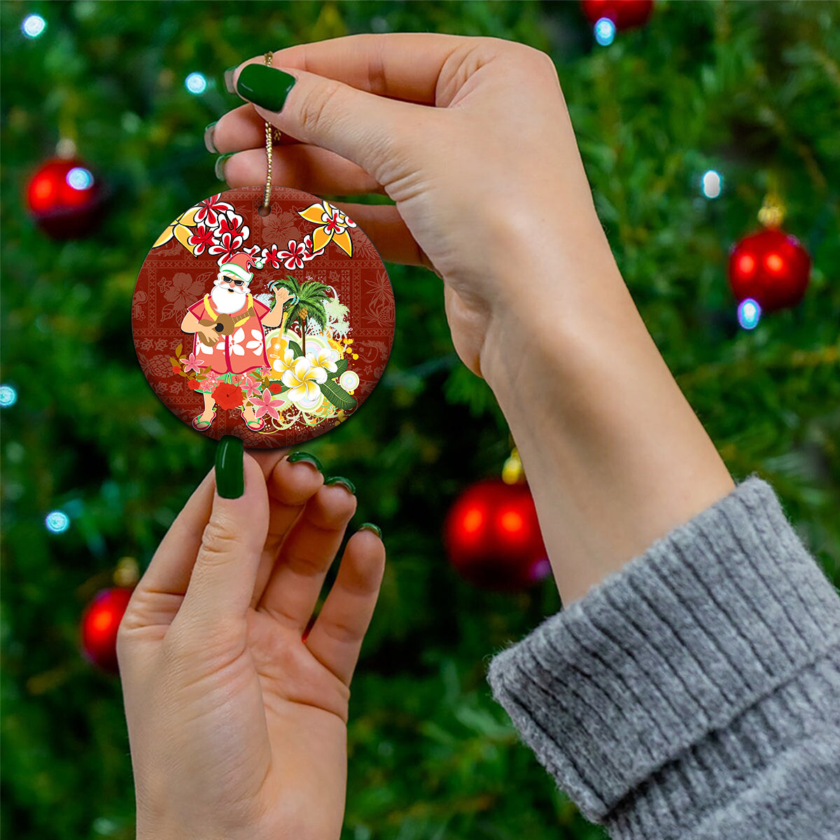 Hawaii Honu Mele Kalikimaka Ceramic Ornament Santa Tropical Flower Aloha Summer Red Version LT03 - Polynesian Pride