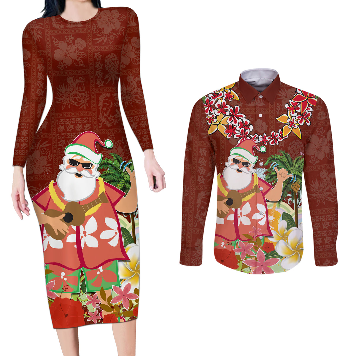 Hawaii Honu Mele Kalikimaka Couples Matching Long Sleeve Bodycon Dress and Long Sleeve Button Shirt Santa Tropical Flower Aloha Summer Red Version LT03 Red - Polynesian Pride