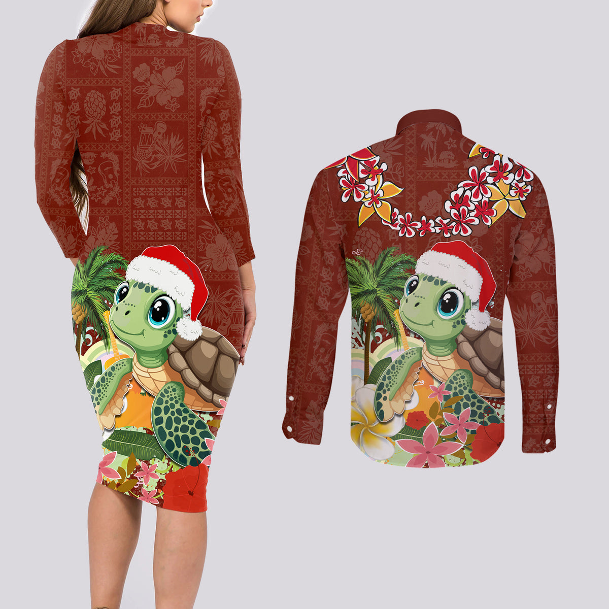 Hawaii Honu Mele Kalikimaka Couples Matching Long Sleeve Bodycon Dress and Long Sleeve Button Shirt Santa Tropical Flower Aloha Summer Red Version LT03 - Polynesian Pride