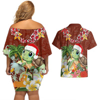 Hawaii Honu Mele Kalikimaka Couples Matching Off Shoulder Short Dress and Hawaiian Shirt Santa Tropical Flower Aloha Summer Red Version LT03 - Polynesian Pride