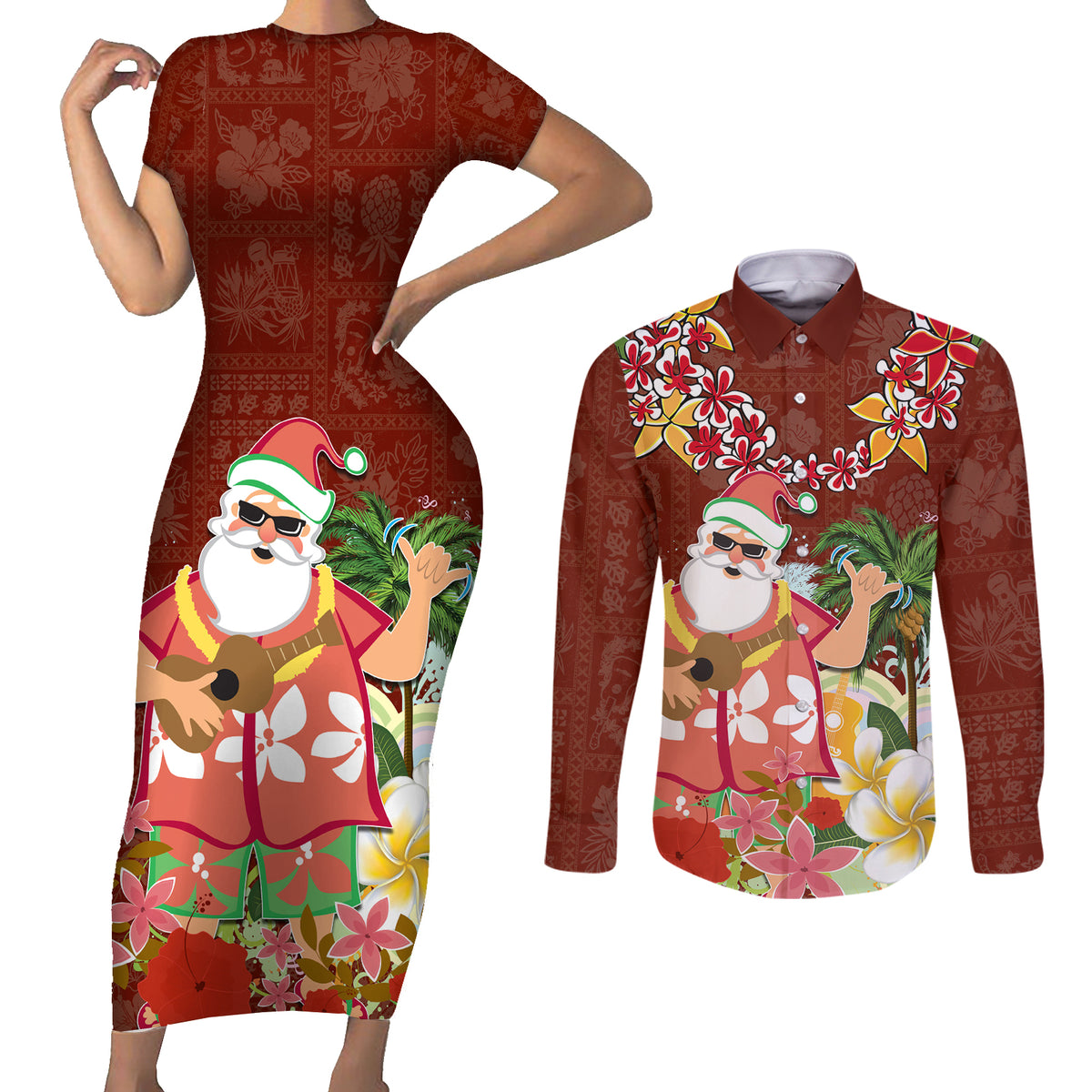 Hawaii Honu Mele Kalikimaka Couples Matching Short Sleeve Bodycon Dress and Long Sleeve Button Shirt Santa Tropical Flower Aloha Summer Red Version LT03 Red - Polynesian Pride
