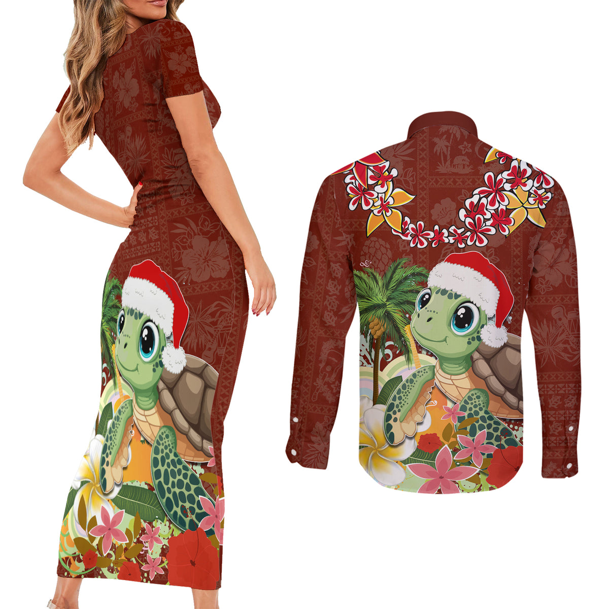 Hawaii Honu Mele Kalikimaka Couples Matching Short Sleeve Bodycon Dress and Long Sleeve Button Shirt Santa Tropical Flower Aloha Summer Red Version LT03 - Polynesian Pride