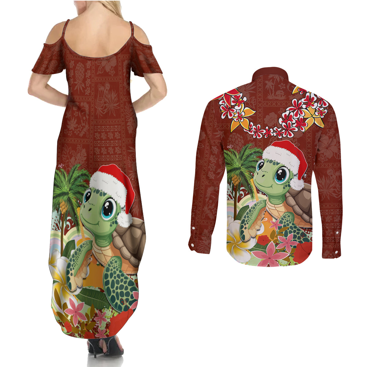 Hawaii Honu Mele Kalikimaka Couples Matching Summer Maxi Dress and Long Sleeve Button Shirt Santa Tropical Flower Aloha Summer Red Version LT03 - Polynesian Pride