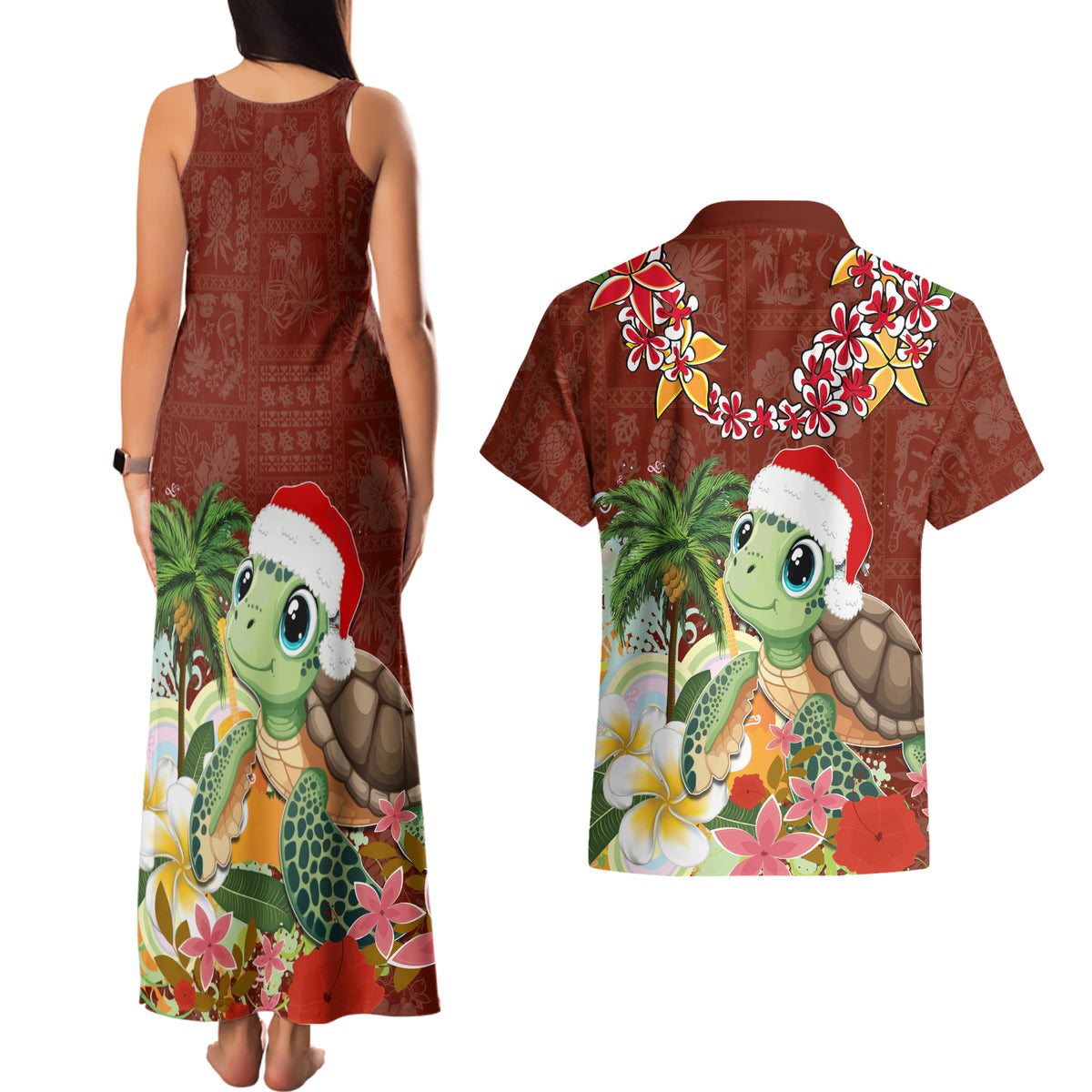Hawaii Honu Mele Kalikimaka Couples Matching Tank Maxi Dress and Hawaiian Shirt Santa Tropical Flower Aloha Summer Red Version LT03 - Polynesian Pride