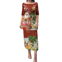 Hawaii Honu Mele Kalikimaka Family Matching Puletasi Dress and Hawaiian Shirt Santa Tropical Flower Aloha Summer Red Version LT03 Mom's Dress Red - Polynesian Pride