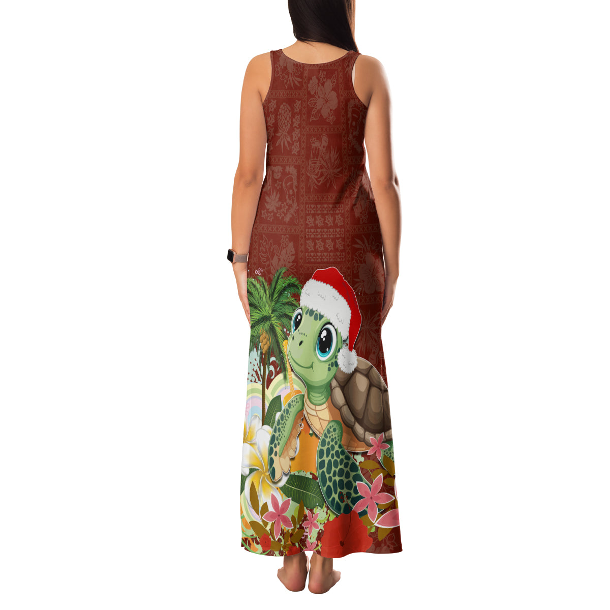 Hawaii Honu Mele Kalikimaka Family Matching Tank Maxi Dress and Hawaiian Shirt Santa Tropical Flower Aloha Summer Red Version LT03 - Polynesian Pride