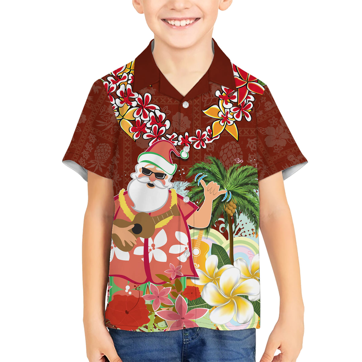 Hawaii Honu Mele Kalikimaka Kid Hawaiian Shirt Santa Tropical Flower Aloha Summer Red Version LT03 Kid Red - Polynesian Pride