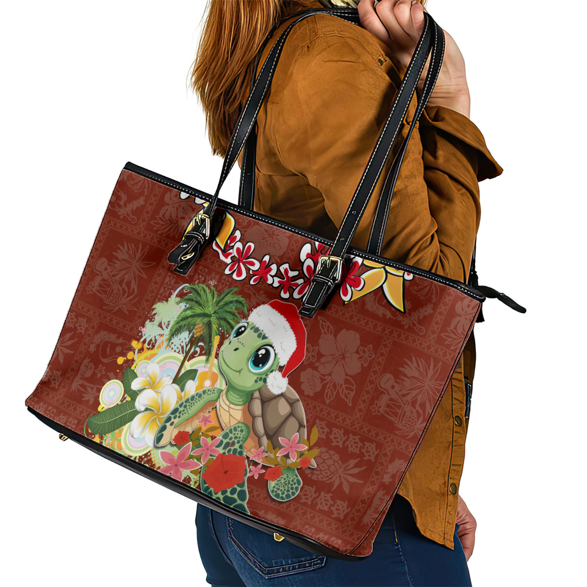 Hawaii Honu Mele Kalikimaka Leather Tote Bag Santa Tropical Flower Aloha Summer Red Version LT03 - Polynesian Pride