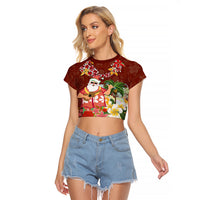 Hawaii Honu Mele Kalikimaka Raglan Cropped T Shirt Santa Tropical Flower Aloha Summer Red Version LT03 Female Red - Polynesian Pride