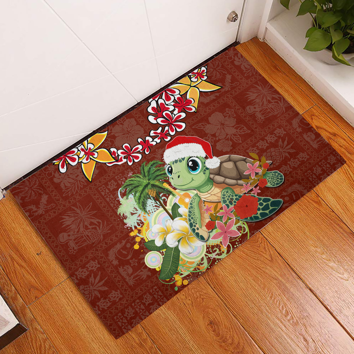 Hawaii Honu Mele Kalikimaka Rubber Doormat Santa Tropical Flower Aloha Summer Red Version LT03 Red - Polynesian Pride
