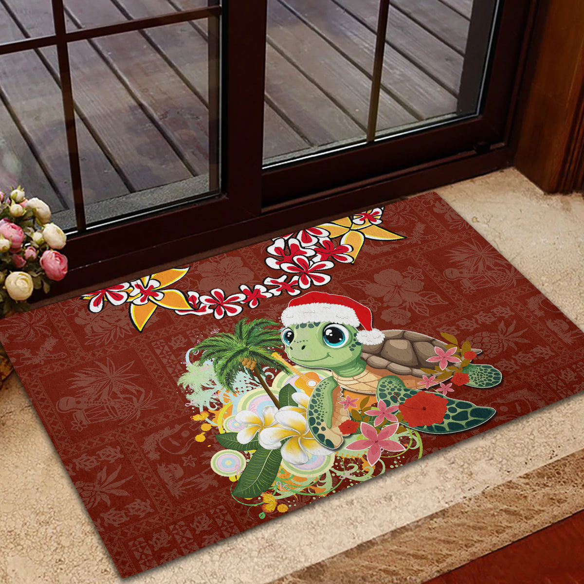 Hawaii Honu Mele Kalikimaka Rubber Doormat Santa Tropical Flower Aloha Summer Red Version LT03 - Polynesian Pride