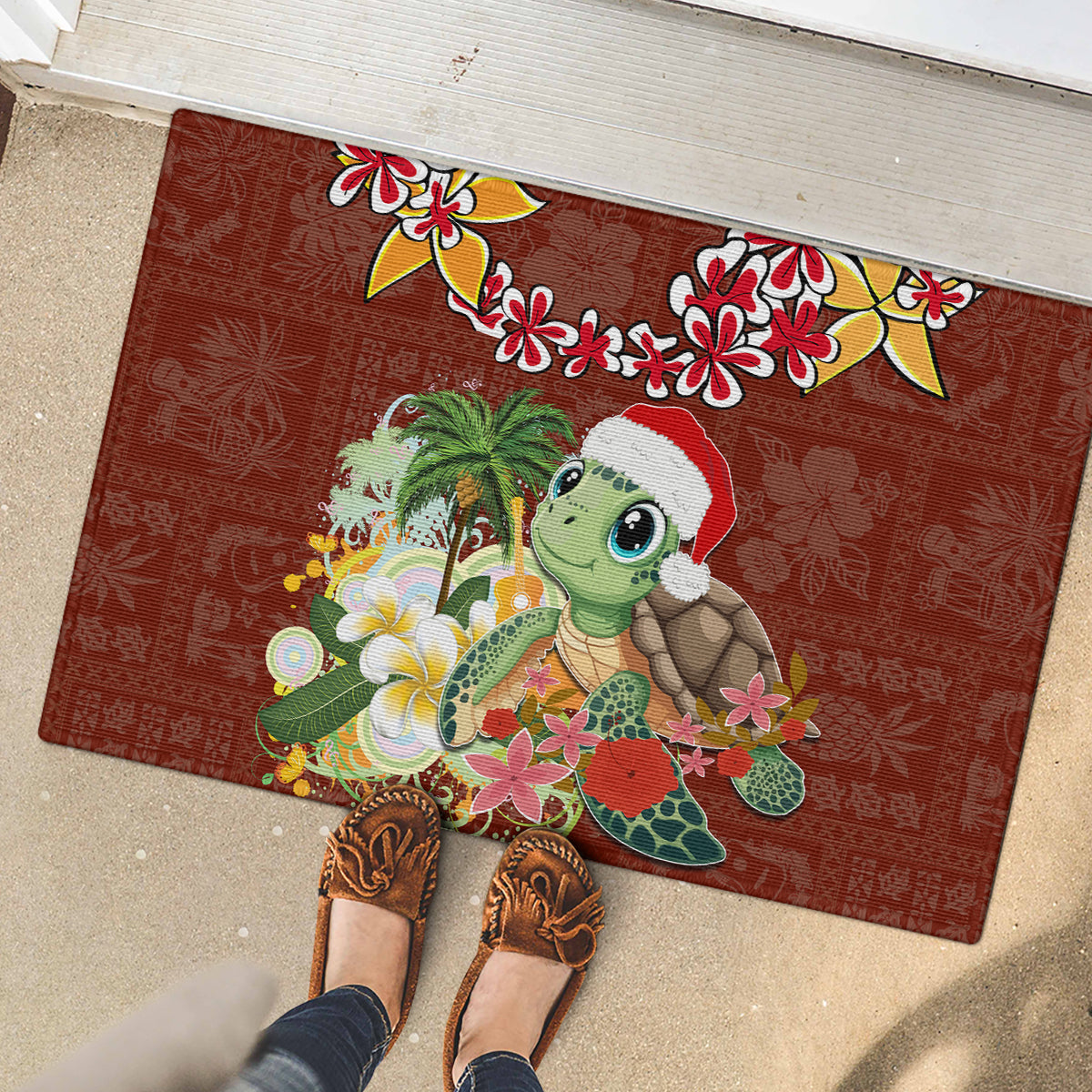 Hawaii Honu Mele Kalikimaka Rubber Doormat Santa Tropical Flower Aloha Summer Red Version LT03 - Polynesian Pride