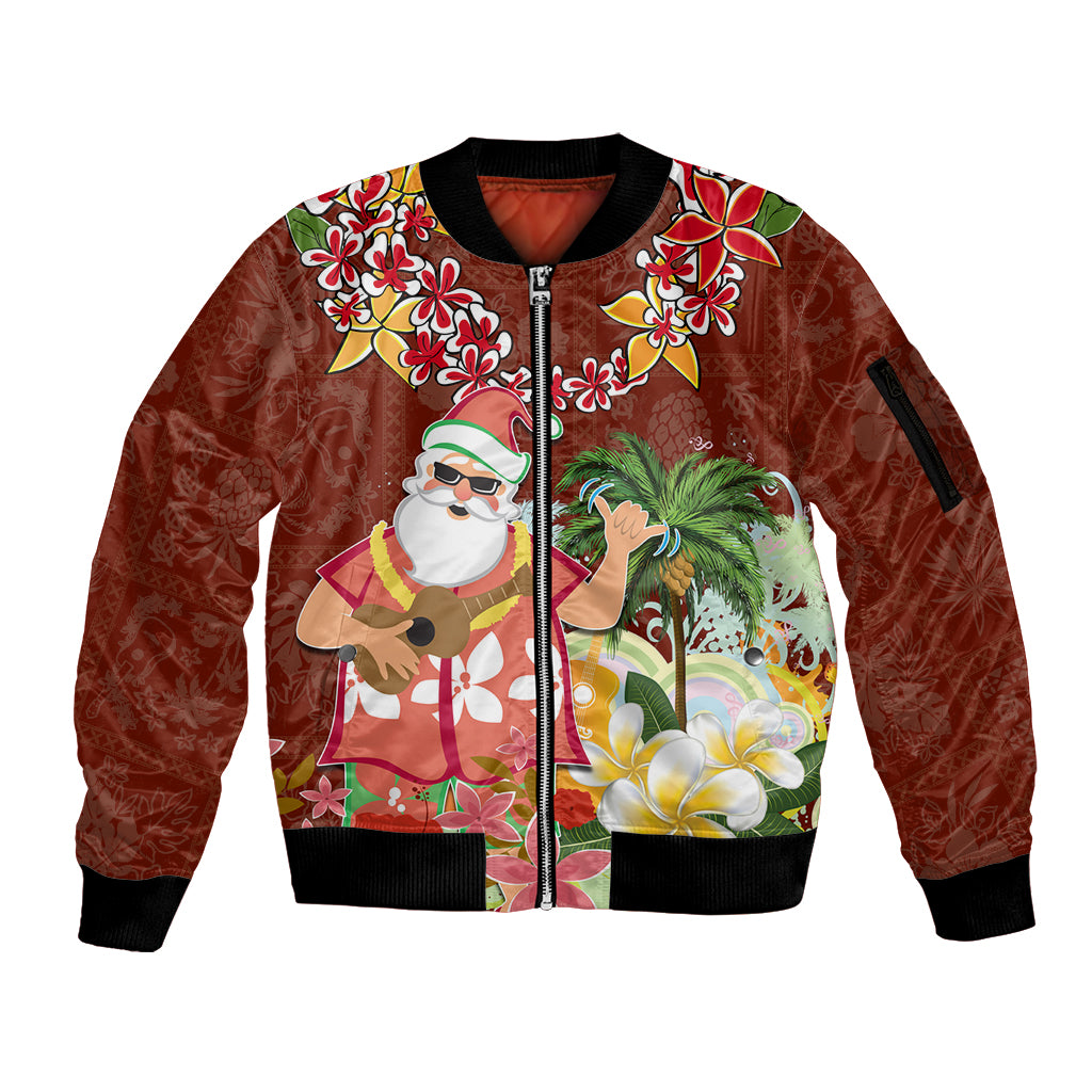Hawaii Honu Mele Kalikimaka Sleeve Zip Bomber Jacket Santa Tropical Flower Aloha Summer Red Version LT03 Unisex Red - Polynesian Pride