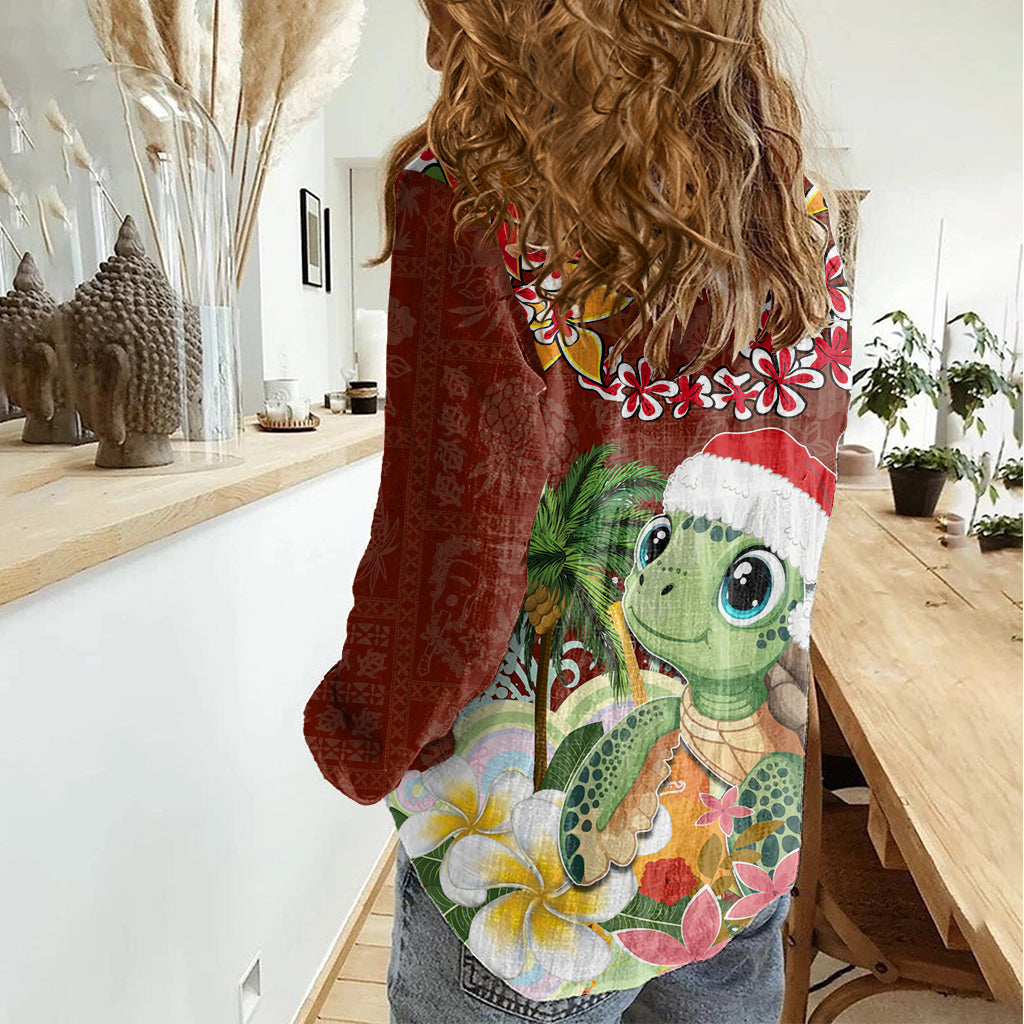Hawaii Honu Mele Kalikimaka Women Casual Shirt Santa Tropical Flower Aloha Summer Red Version LT03 - Polynesian Pride